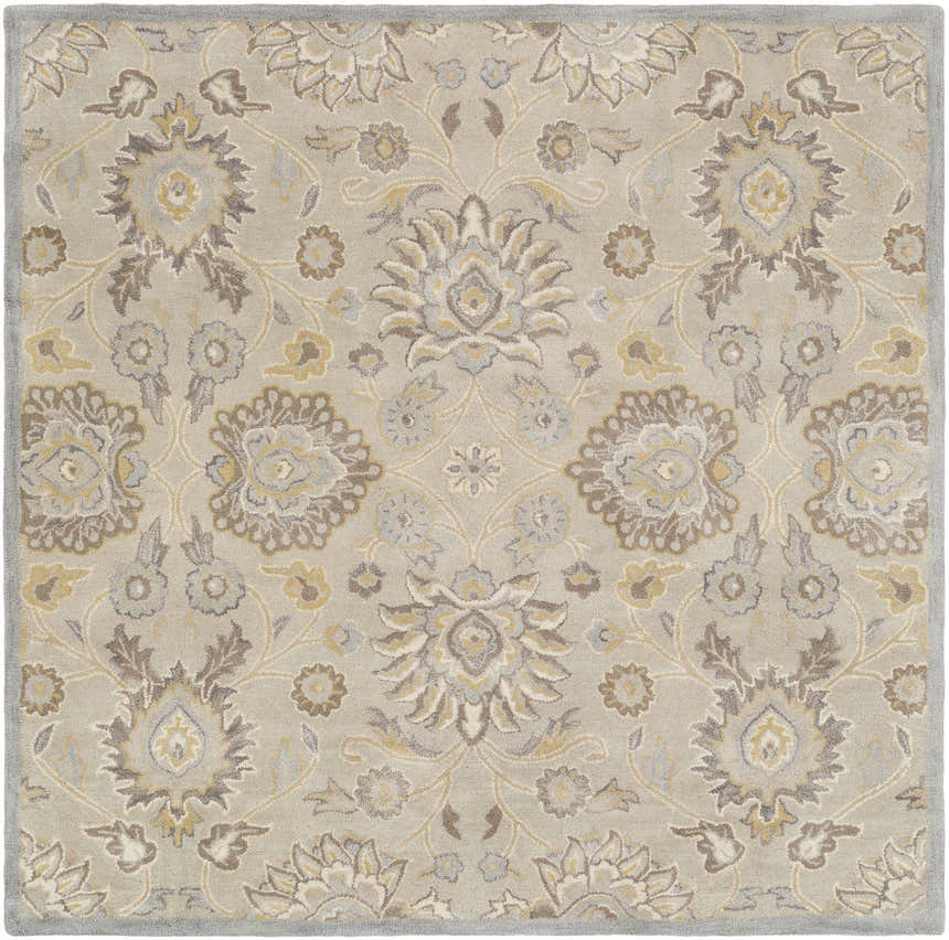 Close-up of the Conesus 1192 rug. Hand-tufted wool rug in ivory, taupe, and pale blue with a traditional floral pattern. Design-Square-6