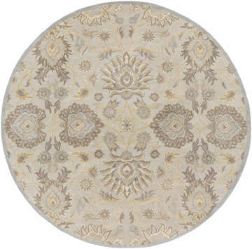 Close-up of round Conesus 1192 rug. Hand-tufted wool rug in ivory, taupe, light brown, and pale blue with floral pattern. Design-Round-8