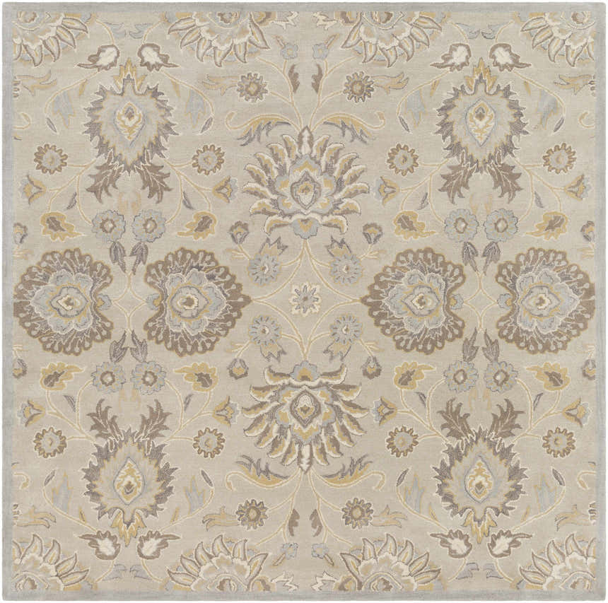 Close-up of the hand-tufted Conesus 1192 rug. Features a floral, oriental pattern in ivory, taupe, and light brown tones. Design-Square-8