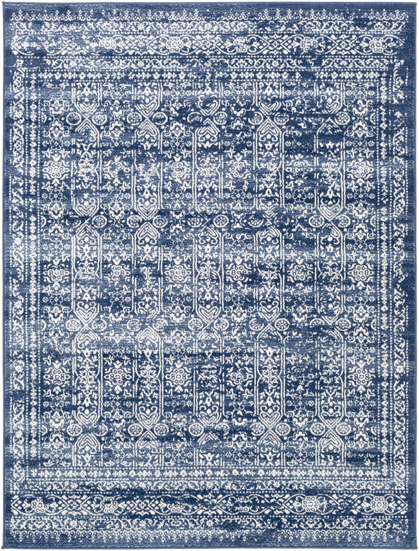 Detailed view of the Michie Dark Blue Area Rug, showcasing its traditional white and blue bohemian pattern. Design-Rectangle-537