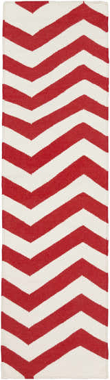 Close-up of Baldwin Area Rug. Hand woven wool rug with a red and white chevron pattern. Contemporary style. Design-Runner-268