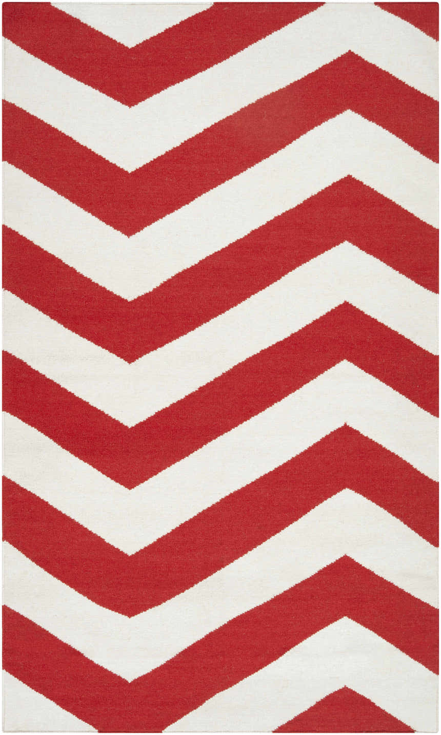 Close-up of the Baldwin Area Rug. Hand-woven wool rug in a bold red and white chevron pattern. Design-Rectangle-58