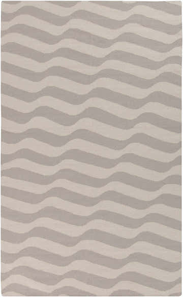 Close-up of the Balsam Area Rug, a hand-woven wool rug with a light gray and slate wavy stripe pattern. Design-Rectangle-58