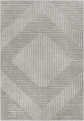 Close-up of the Banayoyo Area Rug featuring a gray geometric maze pattern and subtle texture. Design-Rectangle-5377