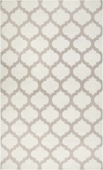Close-up of Banks Ivory/Gray Trellis Wool Rug, featuring a repeating gray quatrefoil pattern on an ivory background. Design-Rectangle-58