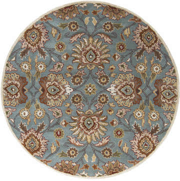 Detailed round Conesus Hand Tufted Gray 1052 Area Rug with a floral, oriental pattern in shades of gray, brown, red, and tan. Design-Round-6