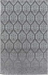 Close-up of the Barclay Carpet. Gray, hand-knotted rug with a contemporary damask pattern and subtle texture. Design-Rectangle