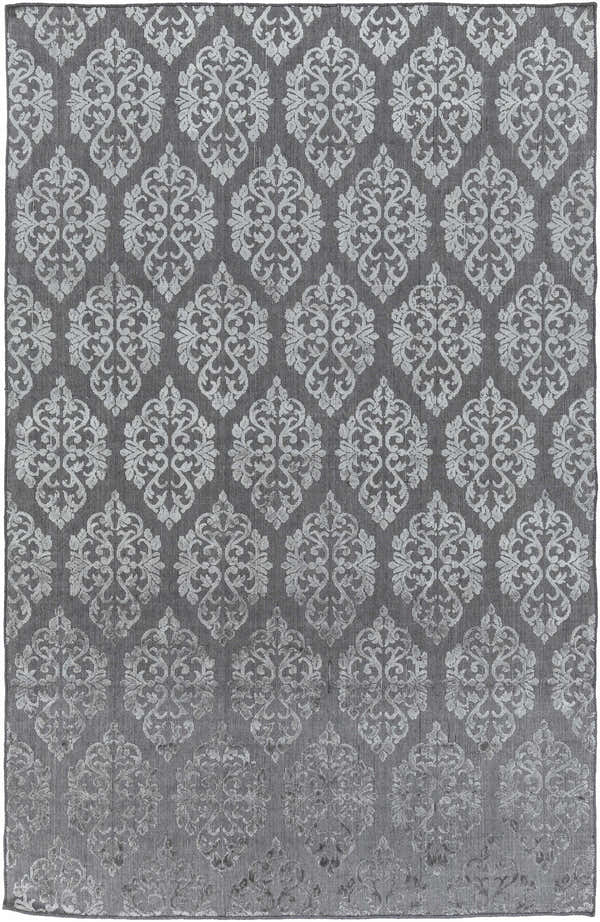 Close-up of the Barclay Carpet. Gray, hand-knotted rug with a contemporary damask pattern and subtle texture. Design-Rectangle