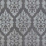 Close-up of the Barclay Carpet, a gray rug with a repeating, ornate damask pattern. Hand-knotted texture detail. Swatch
