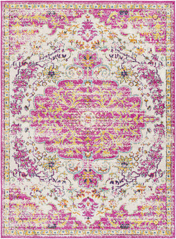 Detailed Barceloneta Magenta Area Rug. Bohemian style with burnt orange, fuchsia, and light beige floral patterns. Design-Rectangle-537