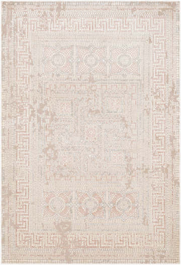 Close-up of Terlingua Blush Greek Mosaic Carpet, featuring a vintage-inspired mosaic pattern in blush, tan, and brown tones. Design-Rectangle-5373