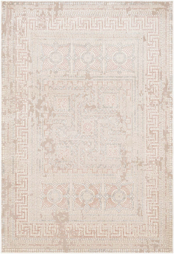 Close-up of Terlingua Blush Greek Mosaic Carpet, featuring a vintage-inspired mosaic pattern in blush, tan, and brown tones. Design-Rectangle-5373