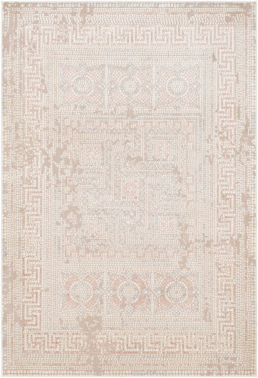 Close-up of Terlingua Blush Greek Mosaic Carpet, featuring a vintage-inspired mosaic pattern in blush, tan, and brown tones. Design-Rectangle-5373