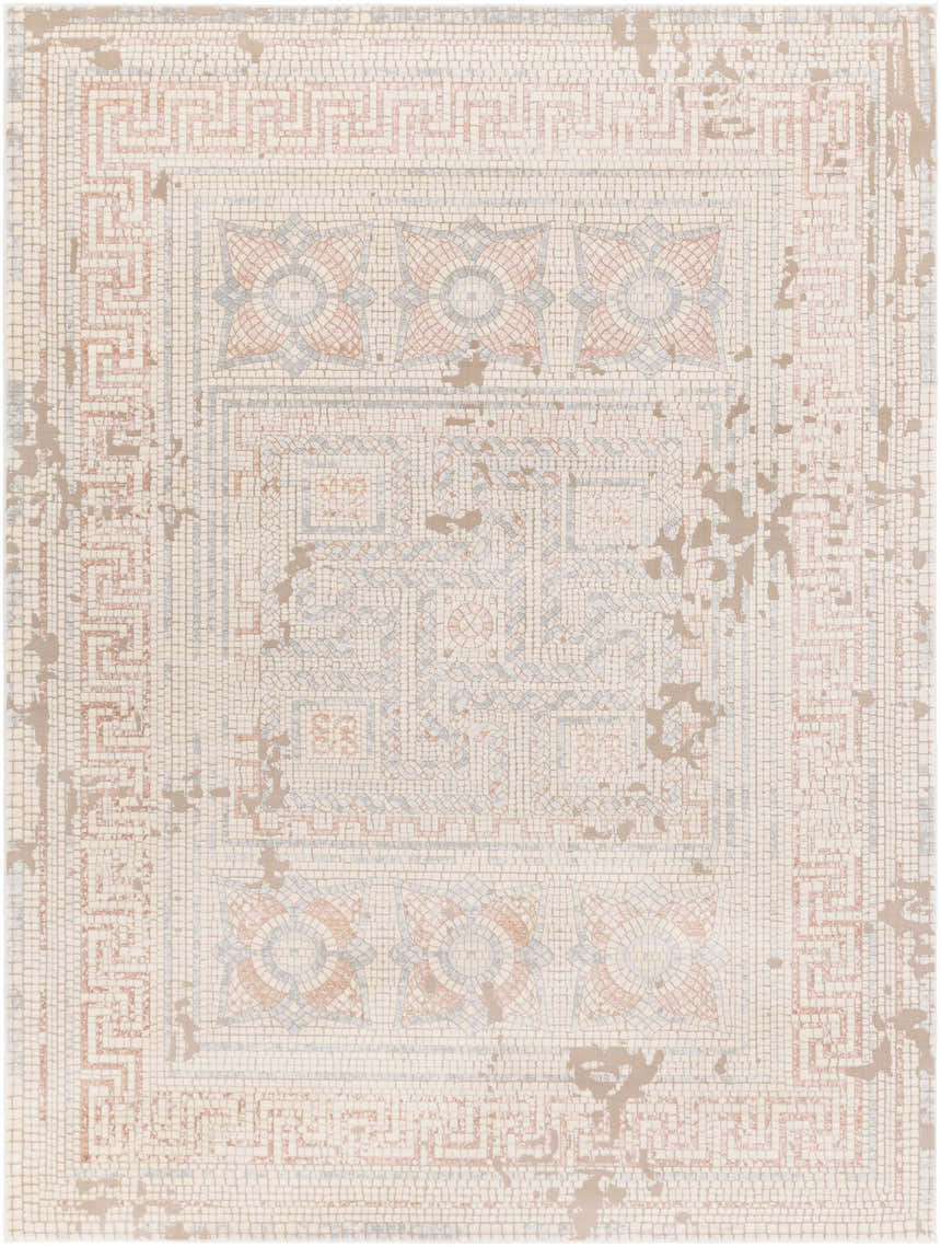 Close-up of the Terlingua Blush Greek Mosaic Carpet featuring a geometric pattern in blush, tan, and slate. Design-Rectangle-710103