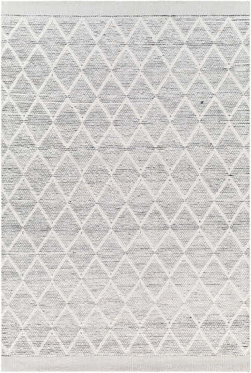 Close-up of the hand woven Bartimaeus Area Rug. Gray, nickel, and silverton diamond pattern on a textured polyester weave. Design-Rectangle-576