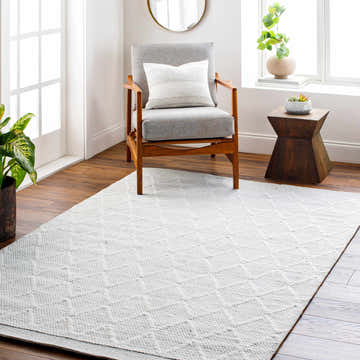 Living room scene with gray chair and geometric Bartimaeus Area Rug in gray, nickel, and silverton. Roomscene-Rectangle