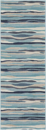 Close-up of the Basco Area Rug. Features contemporary wavy stripes in aqua, charcoal, beige, and blue tones. Design-Runner-2773