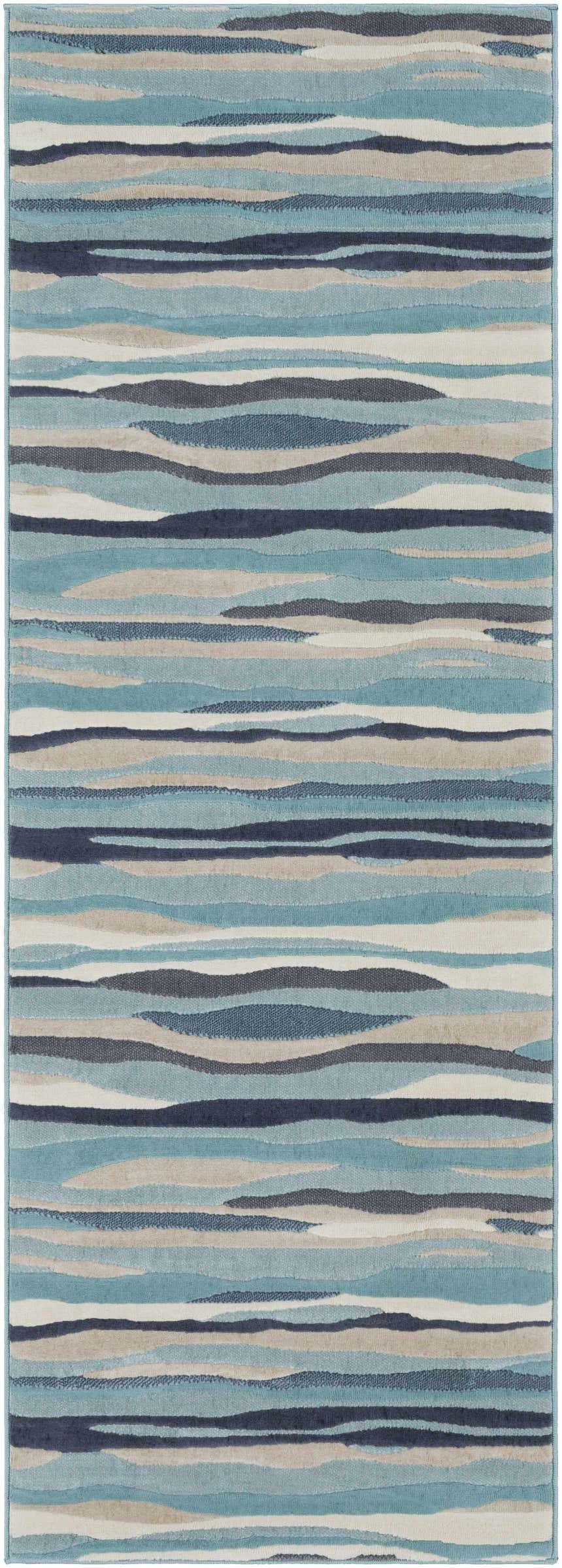 Close-up of the Basco Area Rug. Features contemporary wavy stripes in aqua, charcoal, beige, and blue tones. Design-Runner-2773