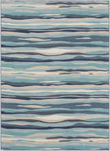 Close-up of the Basco Area Rug. Features an abstract, contemporary wave pattern in aqua, charcoal, beige, and blue tones. Design-Rectangle-5373