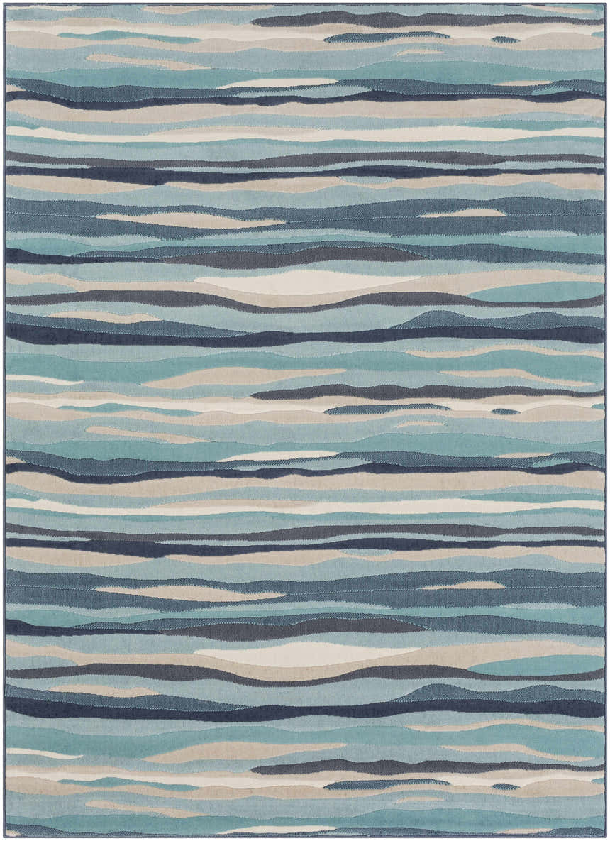 Close-up of the Basco Area Rug. Features an abstract, contemporary wave pattern in aqua, charcoal, beige, and blue tones. Design-Rectangle-5373