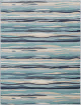 Close-up of the Basco Area Rug. Contemporary style with aqua, charcoal, beige, and blue wavy stripes. Design-Rectangle-710103