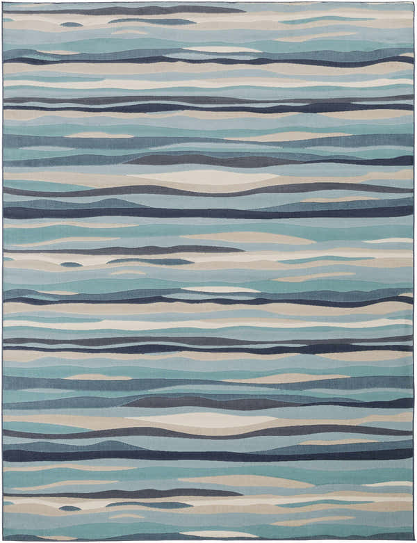 Close-up of the Basco Area Rug. Contemporary style with aqua, charcoal, beige, and blue wavy stripes. Design-Rectangle-710103