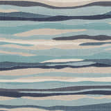 Close-up of the Basco Area Rug showcasing its contemporary wavy stripe design in aqua, charcoal, beige, and blue tones. Swatch