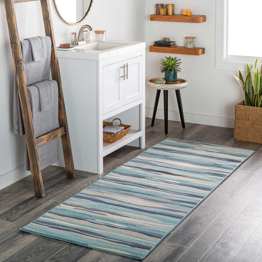 Bathroom scene with a blue striped Basco Area Rug runner, white vanity, and rustic wood accents. Roomscene-Runner