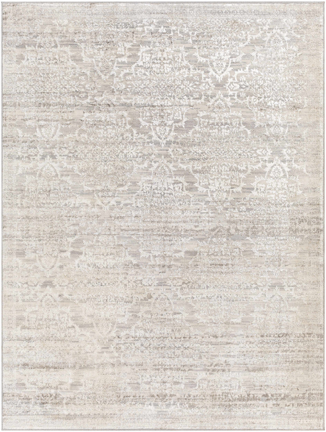Close-up of the Batasan Neutral Area Rug, showcasing its subtle charcoal, gray, and light gray traditional pattern. Design-Rectangle-527