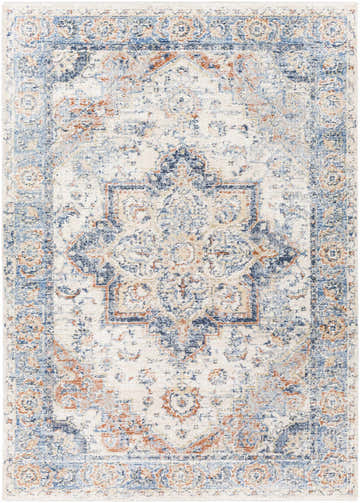 Close-up of the Bayog Area Rug. Bohemian style rug in brick red, cream, denim, and gray with an oriental-inspired pattern. Design-Rectangle-579