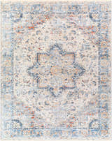 Detailed view of the Bayog Area Rug in brick red, cream, and denim, featuring a traditional oriental pattern. Design-Rectangle-71010