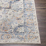 Close-up of the Bayog Area Rug showing its brick red, cream, and denim bohemian pattern and machine-woven texture. Front