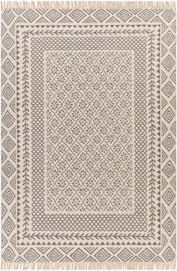 Close-up of the Bayou Area Rug - Clearance, a hand-woven wool rug in beige and gray with a geometric diamond pattern and fringe. Design-Rectangle-576