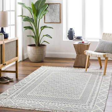 Farmhouse living room with a beige Bayou Area Rug, wood furniture, and a large potted plant. Roomscene-Rectangle
