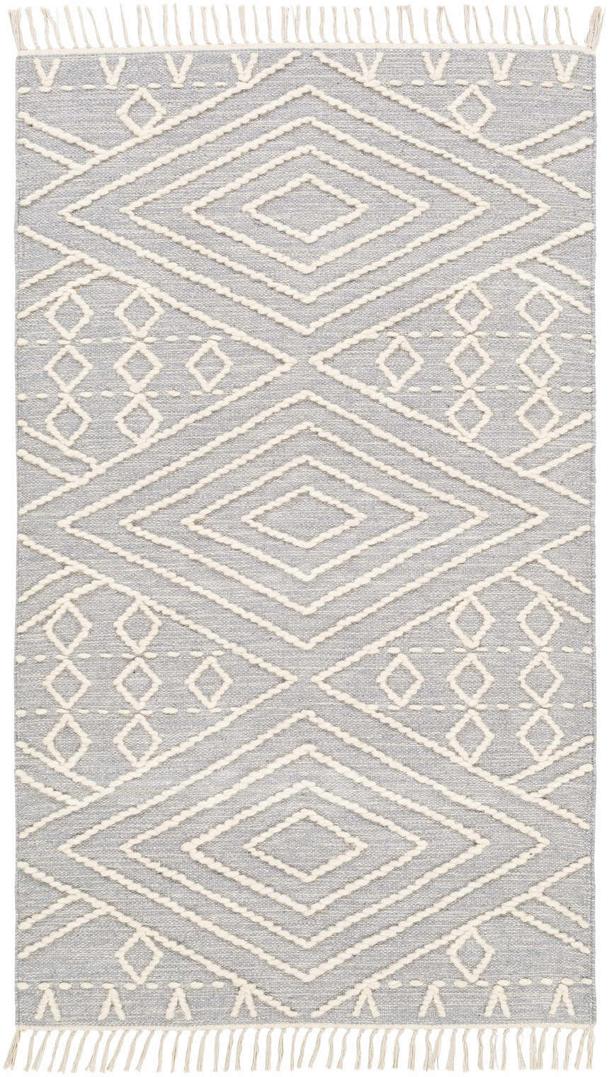 Close-up of Bealeton Area Rug. Cream diamond pattern on slate gray, hand-woven cotton rug with fringe. Design-Rectangle-576