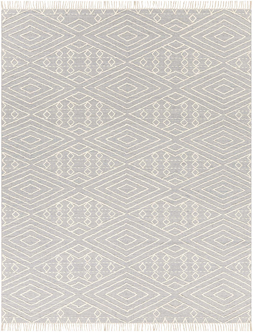 Close-up of the Bealeton Area Rug. Cream geometric diamond pattern on a slate gray, hand-woven cotton rug. Design-Rectangle-810