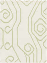 Close-up of the hand woven Beggs Area Rug. Ivory wool rug with a light green geometric and spiral pattern. Design-Rectangle-23