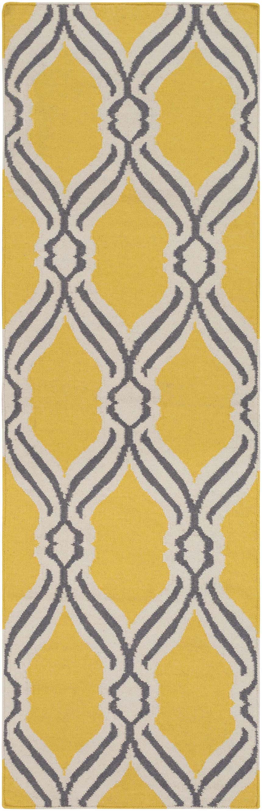 Close-up of the Bells Area Carpet. Hand-woven wool rug in cream, gray, and yellow with a geometric trellis pattern. Design-Runner-268
