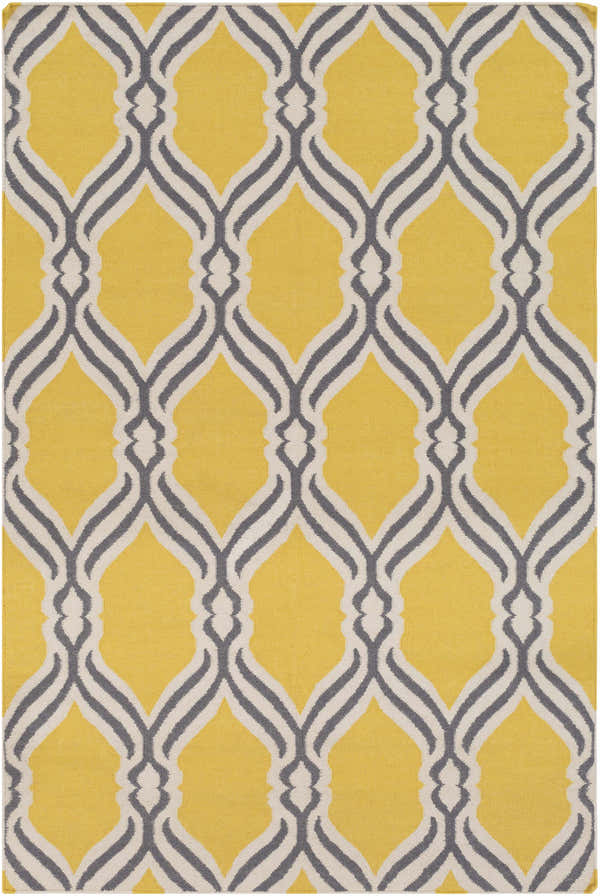 Close-up of Bells Area Carpet. Hand-woven wool rug with cream, gray, and yellow geometric lattice pattern. Design-Rectangle-576