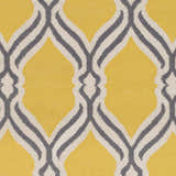 Close-up of the Bells Area Carpet. Hand-woven wool rug in cream, gray, and yellow with a geometric trellis pattern. Swatch