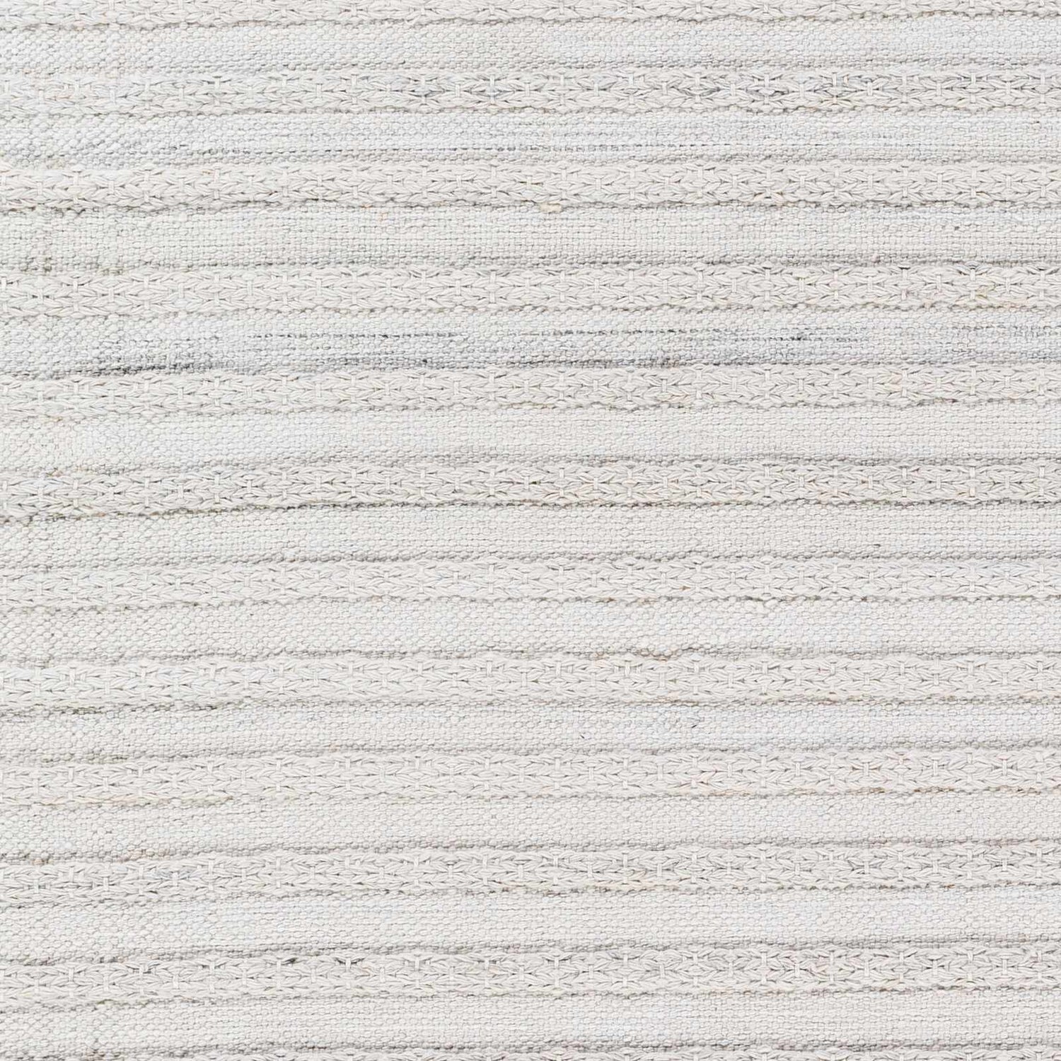 Close-up of the light gray Benek Area Rug. Hand-woven rug with a subtle geometric stripe pattern and textured recycled yarn. Swatch