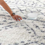 Close-up of the Benezett Area Rug in gray and white, being cleaned with a cloth and bowl of water. Texture
