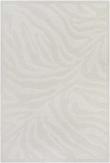 Close-up of the Benzonia 3D White Zebra Rug, showcasing its textured zebra stripe pattern and light beige color. Design-Rectangle-5373