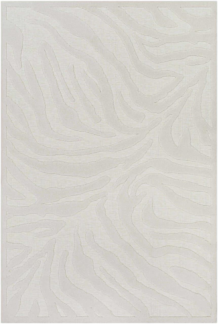 Close-up of the Benzonia 3D White Zebra Rug, showcasing its textured zebra stripe pattern and light beige color. Design-Rectangle-5373