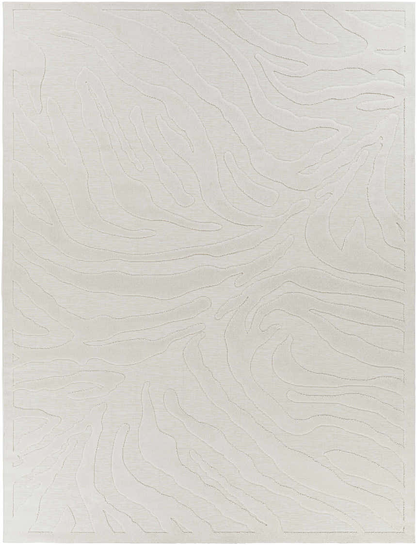 Close-up of the Benzonia 3D White Zebra Rug, featuring a subtle light beige color and animal print pattern. Design-Rectangle-71010