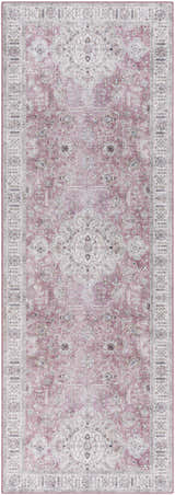 Close-up of the Bergman Distressed Red Area Rug, a traditional rug with blush, cream, and mauve tones. Oriental pattern, machine woven. Design-Runner-2676