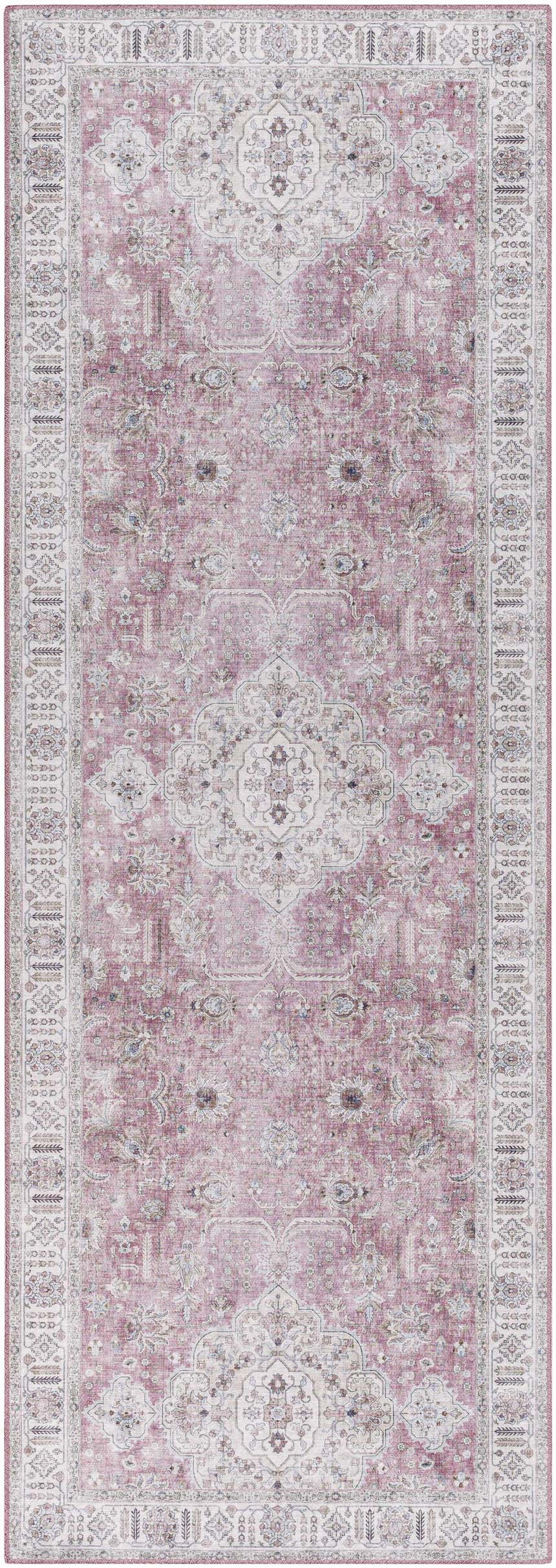Close-up of the Bergman Distressed Red Area Rug, a traditional rug with blush, cream, and mauve tones. Oriental pattern, machine woven. Design-Runner-2676