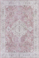 Detailed Bergman Distressed Red Area Rug with traditional floral pattern in blush, cream, and mauve tones. Design-Rectangle-576