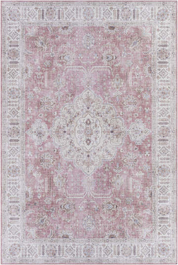 Detailed Bergman Distressed Red Area Rug with traditional floral pattern in blush, cream, and mauve tones. Design-Rectangle-576