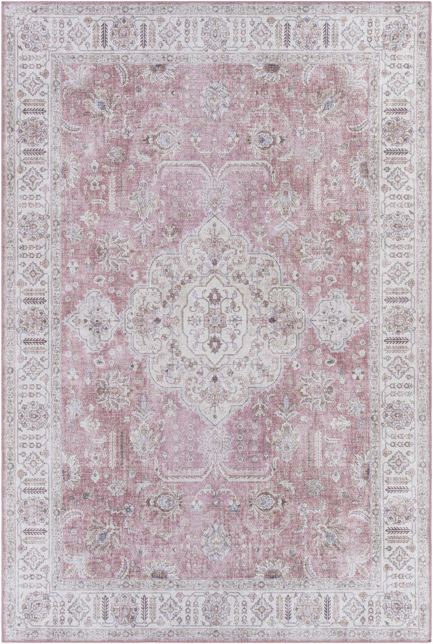 Detailed Bergman Distressed Red Area Rug with traditional floral pattern in blush, cream, and mauve tones. Design-Rectangle-576